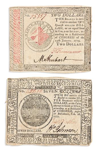 (AMERICAN REVOLUTION--CURRENCY.) 10 pieces of Continental currency from the early years of the war.